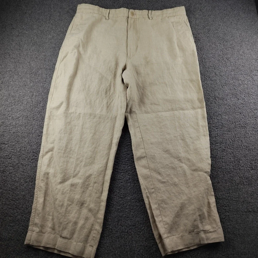 Island Importer Mens Tan Linen Pants Straight Leg Beach Wedding Size 38 Beige